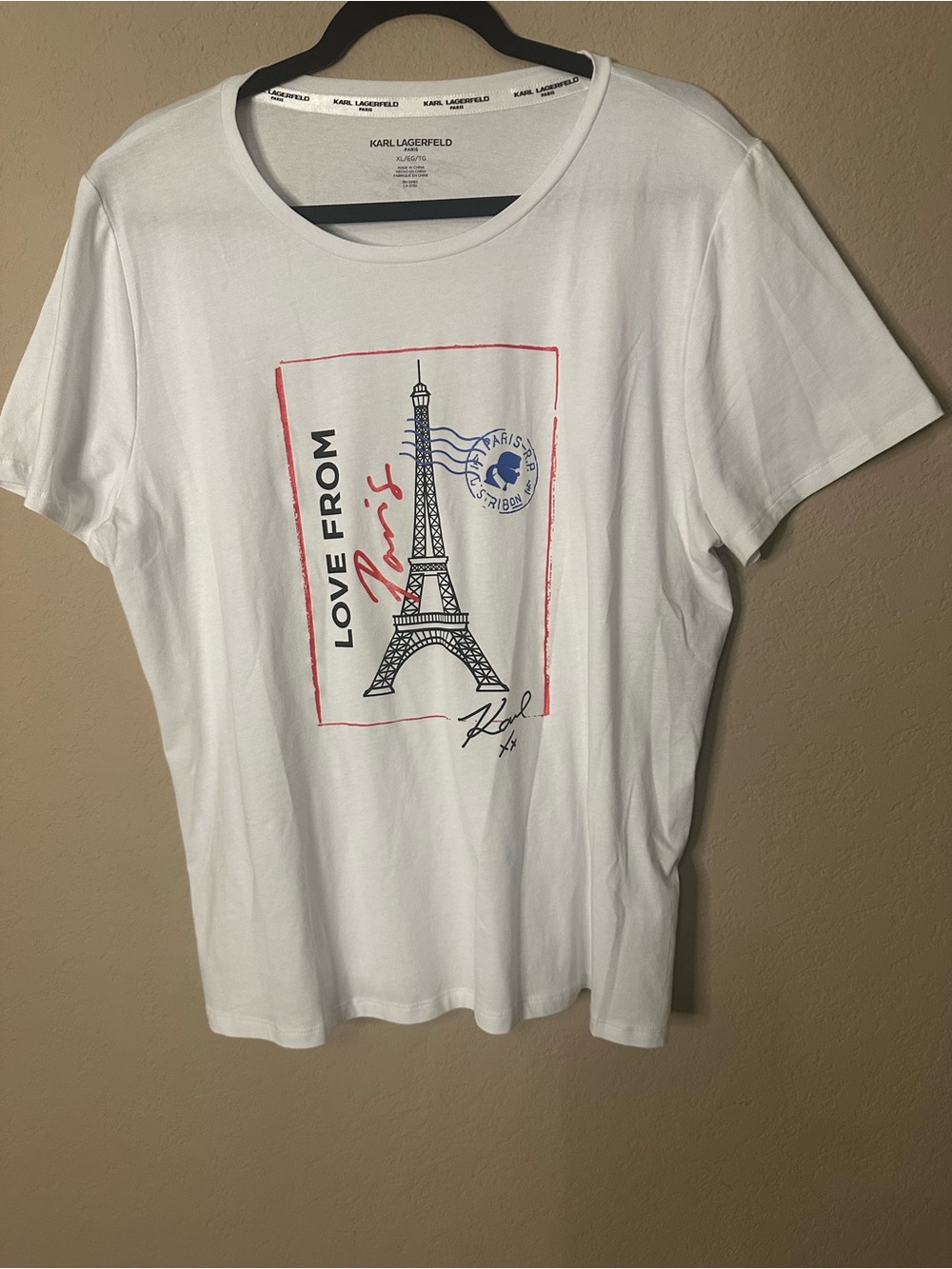 Karl Lagerfeld White Tee with Black Tag & Red Accent